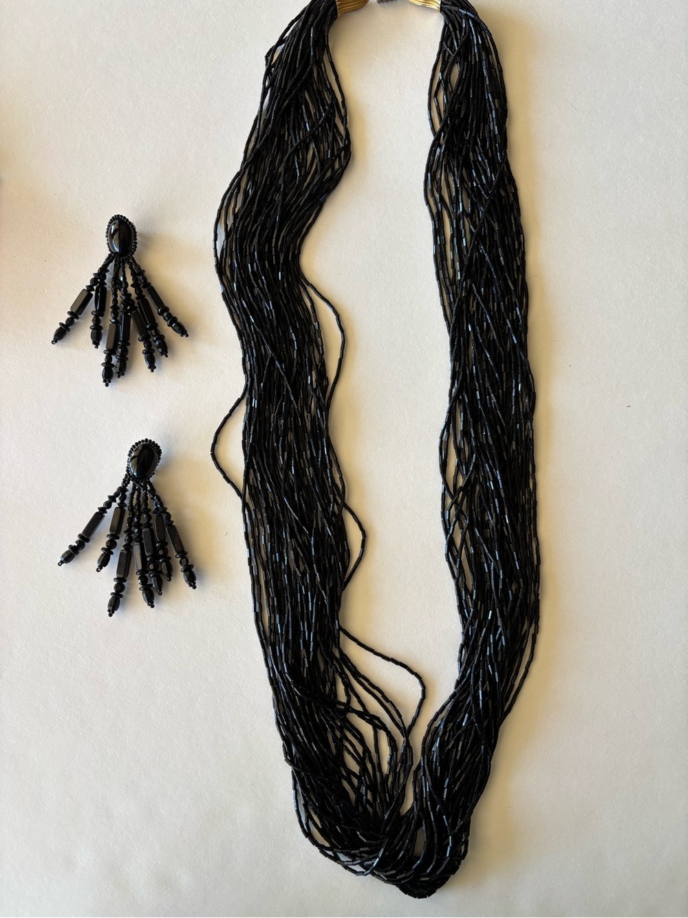Black Multi-Strand Beaded Necklace with Matching Fringe Earrings